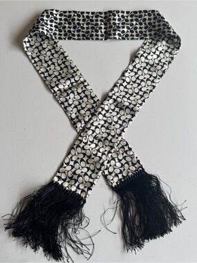 Coach Silk Skinny Scarf C Monogram Black Ivory Tassel Fringe Rhinestone Accents